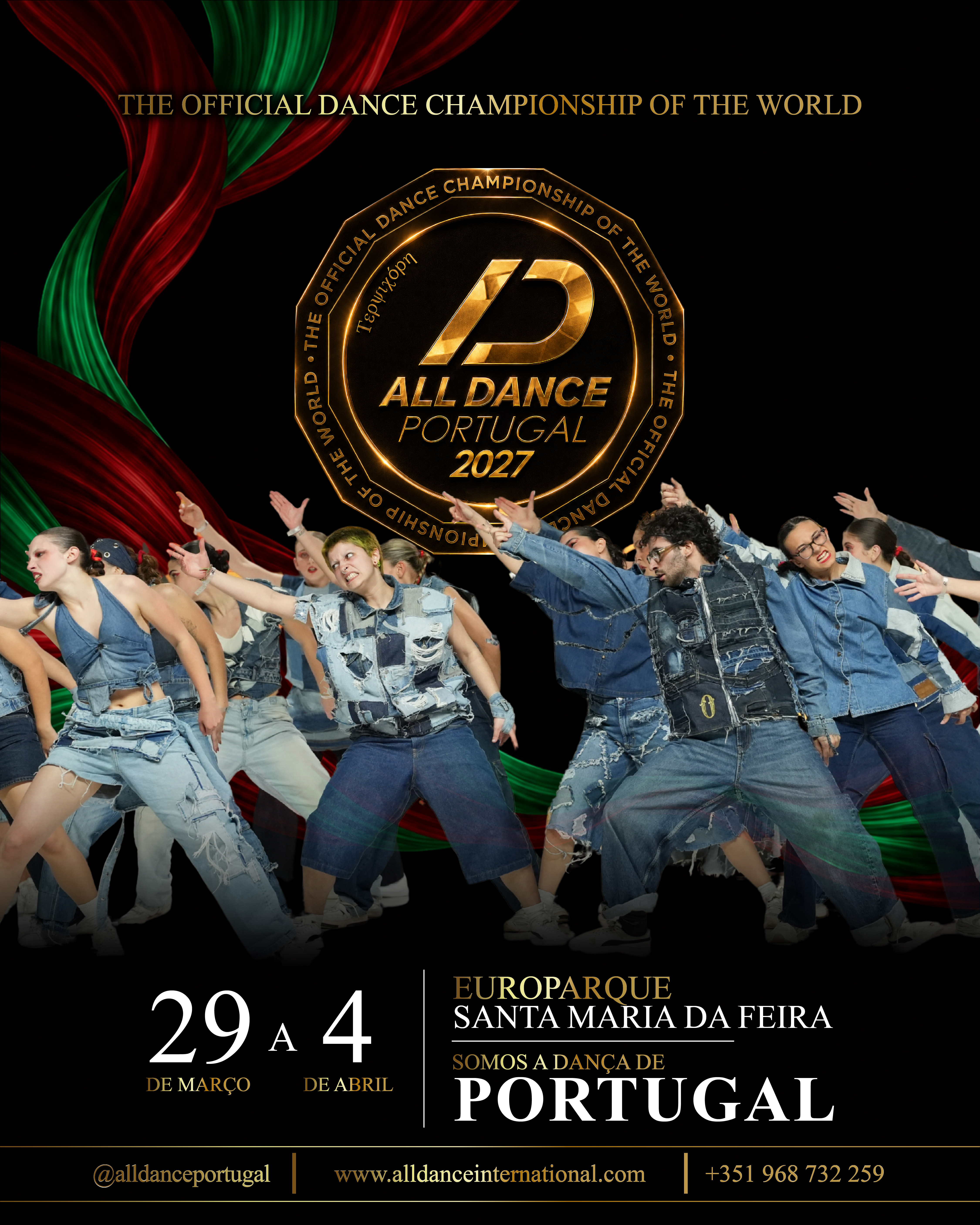Cartaz oficial All Dance Portugal 2027, com bailarinos e o emblema dourado da edição