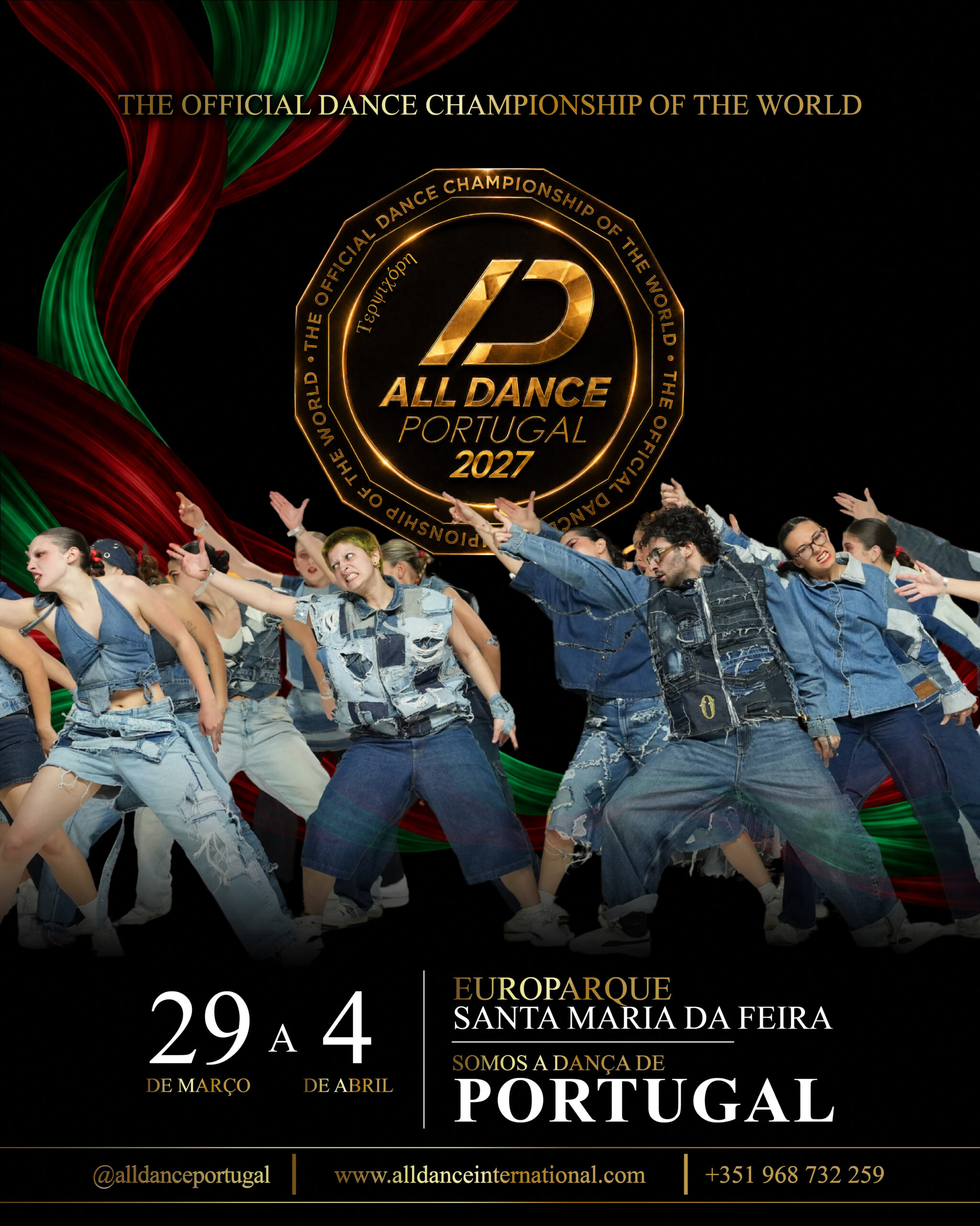 Cartaz oficial All Dance Portugal 2027, com bailarinos e o emblema dourado da edição
